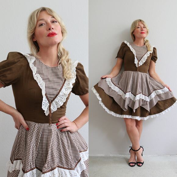 1960's Vintage Folk & Gingham Western Circle Dress Women's XS SM  Square Dance - Picture 1 of 10